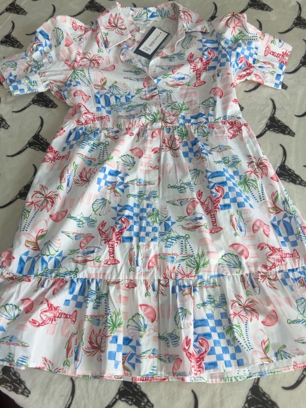 NWT Crown & Ivy Lobster Coastal Print Tiered Shirt Dress Size S - Picture 3 of 10